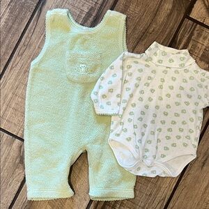 Green Fleece Overalls and White Froggie Pima Cotton Bodysuit Set 🐸